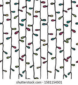 Christmas lights seamless pattern. Hand drawn style. Doodle style. Christmas or New Year vector illustration. Design element for fabric, banner, wrapping paper, wallpaper.