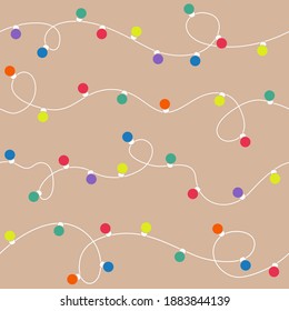 Las luces navideñas se iluminan perfectamente en papel de artesanía beige. Ilustración vectorial de Año Nuevo de Navidad con colorida garland de bombillas. Diseño para tela, banner, papel de envoltura, papel tapiz.
