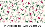 Christmas lights seamless repeat pattern, green and pink lightbulbs on off white background
