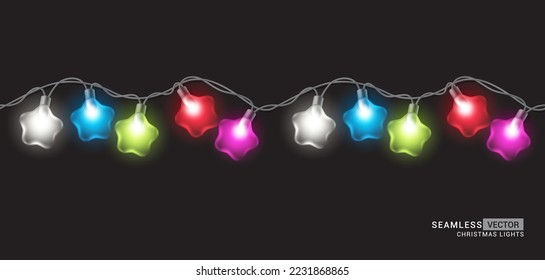Las luces navideñas tienen un diseño vectorial impecable. Luz de Navidad ininterrumpida y sin incandescencias con una decoración de guirnaldas inmaculada con fondo negro. Ilustración vectorial.