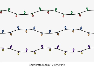 Christmas lights seamless vector set isolated on white. Colored Xmas garland balls. Glitter hanging old fashion light string.