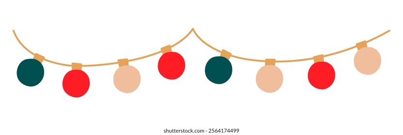 Christmas lights sectioned garland circle colored bulbs. Xmas festive string decoration with hanging retro lightbulb. Glowing lamps for holiday cards, banners, posters, web. Vector illustration.