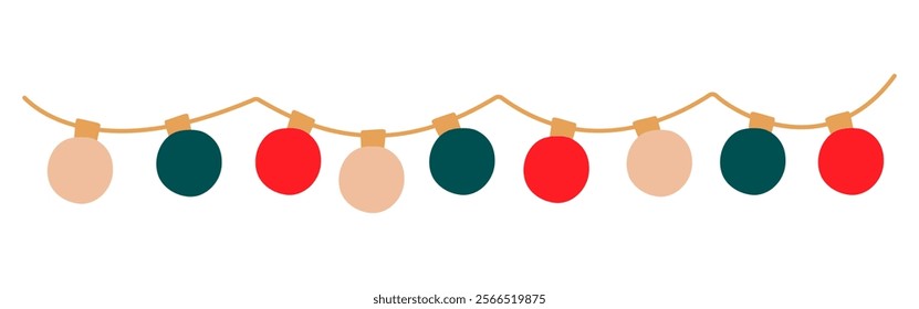 Christmas lights sectioned garland colored circle bulbs. Xmas festive string decoration with hanging retro lightbulb. Glowing lamps for holiday cards, banners, posters, web. Vector illustration.