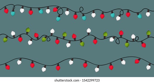 Christmas lights set. Color garlands isolated. Red, white, green, blue glowing lights banner. Flash lights string with swirl. Happy new year  and merry christmas decor. Hand drawn border color lams.