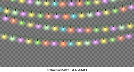Christmas lights, set of color Xmas garlands, festive decorations. Vector glow light bulbs on wire strings isolated on transparent background