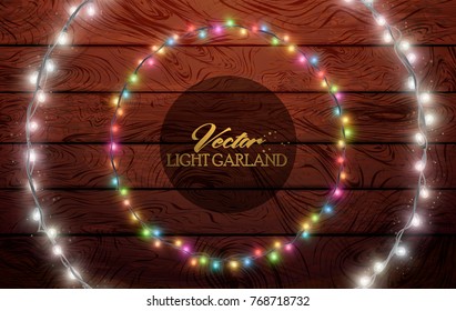 Christmas lights set, colored garlands, New Year design, festive decorations on transparent background. Flat vector illustration. Separated editable elements under masks, brushes for creation.