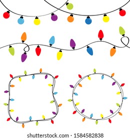 Christmas Lights Set. Colorful String Fairy Light. Round And Square Empty Frame. Holiday Festive Round Xmas Decoration. Lightbulb Glowing Garland. Rainbow Color. Flat Design. White Background. Vector