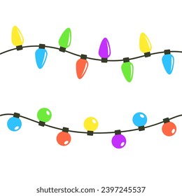 Christmas lights set. Colorful string fairy light. Lightbulb glowing garland line. Cartoon holiday festive xmas decoration. Rainbow color. Different shape. Flat design. White background. Vector