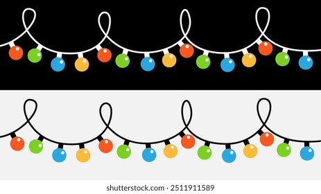 Navidades luces puestas. Cadena colorida de luz de hadas. Línea de guirnalda brillante de bombilla. Forma redonda. Decoración de Navidad festiva de vacaciones de dibujos animados. Color del arco iris. Diseño plano. Negro Fondo blanco. Vector