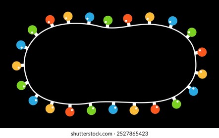 Christmas lights set. Colorful string fairy light. Glowing lightbulb garland line round oval frame. Cartoon holiday xmas decoration. Banner template. Flat design. Isolated. Black background. Vector