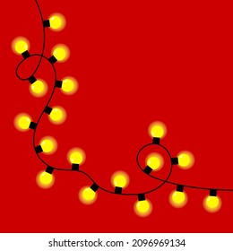 Christmas lights set. Decoration corner. Yellow string fairy light. Cartoon holiday festive xmas decor. Lightbulb glowing garland line. Rainbow color. Flat design. Isolated. Red background. Vector