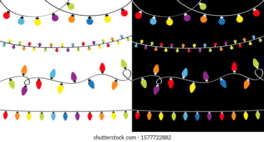 Christmas Lights Set. Four Lightbulb Glowing Garland. Holiday Festive Xmas Decoration. Colorful String Fairy Light Rainbow Color. Flat Design. Black And White Background. Isolated. Vector Illustrtion