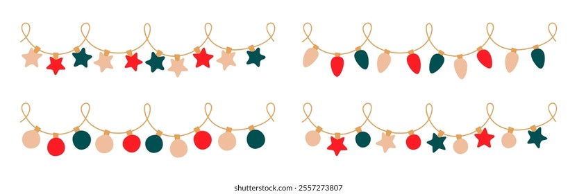 Christmas lights set. Garlands with colored bulbs - circle, star, ellipse. Glowing Xmas festive string decoration with hanging retro lamps lightbulb for holiday cards, banners, posters, web. Vector