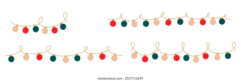 Christmas lights set. Garlands looped with colored circle bulbs. Glowing Xmas festive string decoration with hanging retro lamps lightbulb for holiday cards, banners, posters, web. Vector illustration