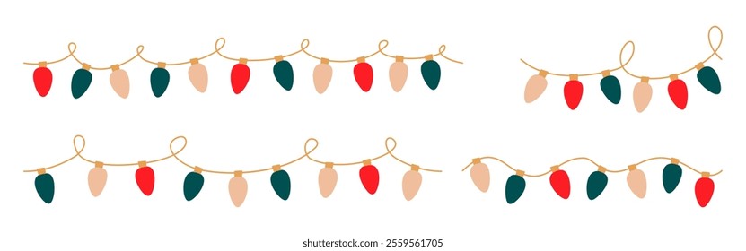 Christmas lights set. Garlands looped with colored bulbs. Glowing Xmas festive string decoration with hanging retro lamps lightbulb for holiday cards, banners, posters, web. Vector illustration