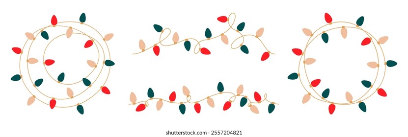 Christmas lights set. Garlands round tangled with colored bulbs. Glowing Xmas festive string decoration with hanging retro lamps lightbulb for holiday cards, banners, posters, web. Vector illustration