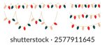 Christmas lights set. Garlands sectioned with colored bulbs. Glowing Xmas festive string decoration with hanging retro lamps lightbulb for holiday cards, banners, posters, web. Vector illustration
