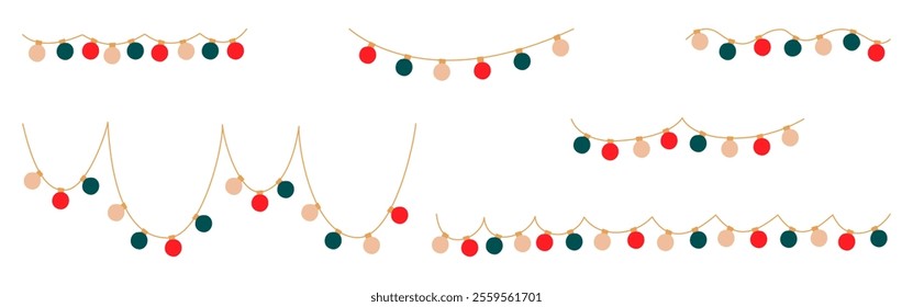 Christmas lights set. Garlands sectioned circle colored bulbs. Glowing Xmas festive string decoration with hanging retro lamps lightbulb for holiday cards, banners, posters, web. Vector illustration
