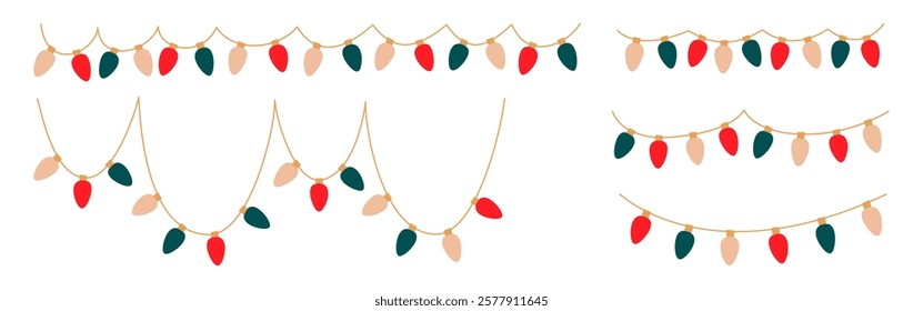 Christmas lights set. Garlands sectioned with colored bulbs. Glowing Xmas festive string decoration with hanging retro lamps lightbulb for holiday cards, banners, posters, web. Vector illustration