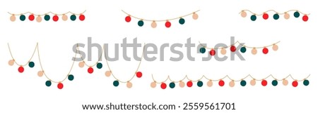 Christmas lights set. Garlands sectioned circle colored bulbs. Glowing Xmas festive string decoration with hanging retro lamps lightbulb for holiday cards, banners, posters, web. Vector illustration
