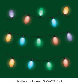Christmas lights set. Glowing colored light bulbs on the line. Festive New Year's garland