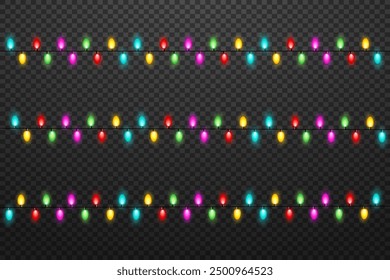 Christmas lights. Set of Christmas glowing garlands. For cards, banners, posters. On a transparent background.