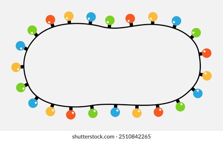 Navidades luces puestas. Luminosa línea de guirnalda de bombilla redonda marco ovalado. Cadena colorida de luz de hadas. Decoración navideña de dibujos animados. Plantilla de Anuncio. Diseño plano. Aislado. El fondo blanco. Vector