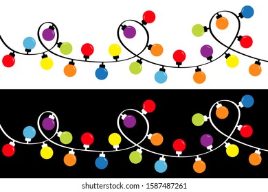 Christmas lights set. Holiday festive round xmas decoration. Colorful string fairy light set. Lightbulb glowing garland. Rainbow color. Flat design. Isolated. White and black background. Vector