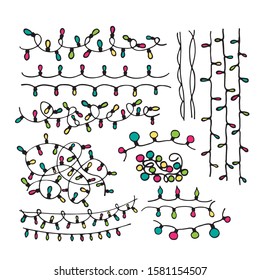 Christmas lights set isolated on white background. Hand drawn style. Doodle style. Christmas or New Year vector illustration. Design element for greeting card, leaflet, banner, poster or flyer.
