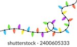 Christmas lights set. Lightbulb glowing garland line. Colorful string fairy light corner. Cartoon holiday festive xmas decoration. Rainbow color. Flat design. White background. Isolated. Vector