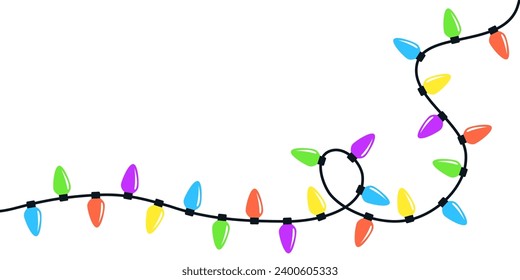 Christmas lights set. Lightbulb glowing garland line. Colorful string fairy light corner. Cartoon holiday festive xmas decoration. Rainbow color. Flat design. White background. Isolated. Vector