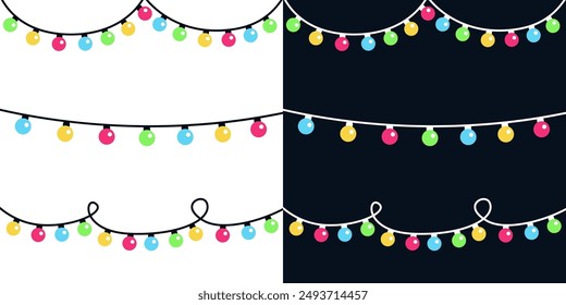 Christmas lights set. Lightbulb glowing garland line. Colorful string fairy light. Different shape. Cartoon holiday xmas decoration. Rainbow color. Flat design. Isolated. Black White background Vector