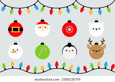 Christmas lights set. Lightbulb glowing garland. Christmas ball. Cute Santa Claus belt, bear, snowman, deer face, snowflake, candy cane, penguin. Happy New Year. Flat design. White background Vector