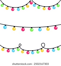 Christmas lights set. Lightbulb glowing garland line. Different shape. Colorful string fairy light. Cartoon holiday festive decoration. Rainbow color. Flat design. Isolated. White background. Vector