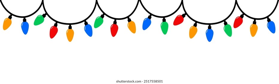 Luzes de Natal. Banner brilhante da linha da grinalda da lâmpada. Luz colorida das fadas. Decoração de Natal de feriado de desenhos animados. Símbolo de sinal de forma oval. Design plano. Fundo branco. Isolado. Vetor