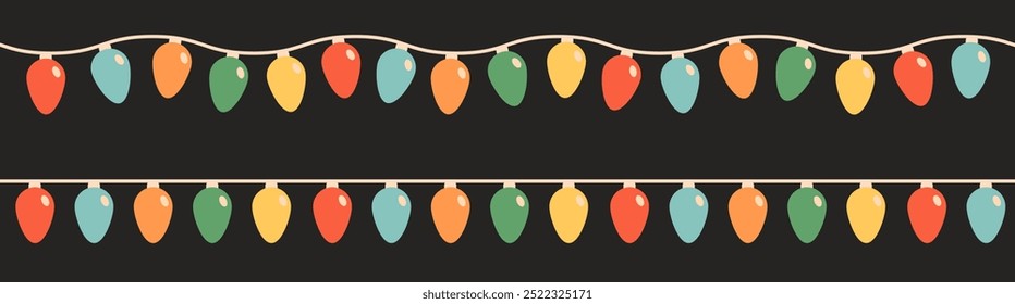 Weihnachtsbeleuchtung eingestellt. Glühbirne glühende Girlande Linie. Bunte Saite Feenlicht. Cartoon Urlaub festliche Weihnachtsdekoration. Regenbogenfarbe. Einfaches flaches Design. Schwarzer Hintergrund. Einzeln. Vektorgrafik