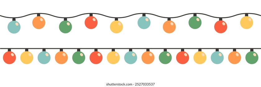 Luzes de Natal. Lâmpada brilhante linha de guirlanda. Luz colorida das fadas. Forma redonda. Decoração de Natal festiva de feriado de desenhos animados. Cor do arco-íris. Fundo branco. Design plano. Isolado. Vetor