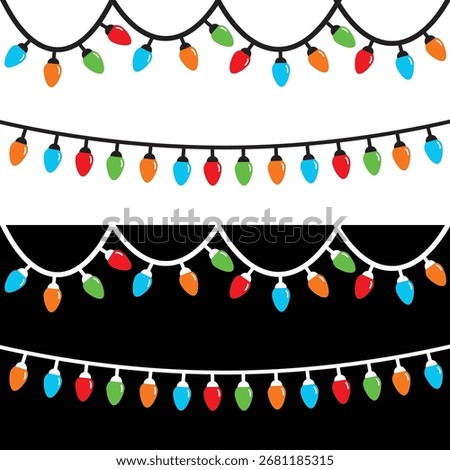 Christmas lights set. Lightbulb glowing garland line. Colorful string fairy light. Cartoon festive holiday xmas decoration. Simple Flat design. White Black background. Isolated. Vector