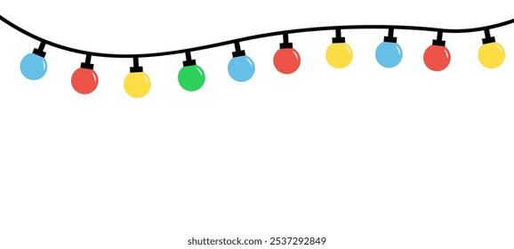 Christmas lights set line banner. Glowing lightbulb garland. Colorful string fairy light. Cartoon holiday xmas decoration. Round shape. Rainbow color. Flat design. White background. Isolated. Vector