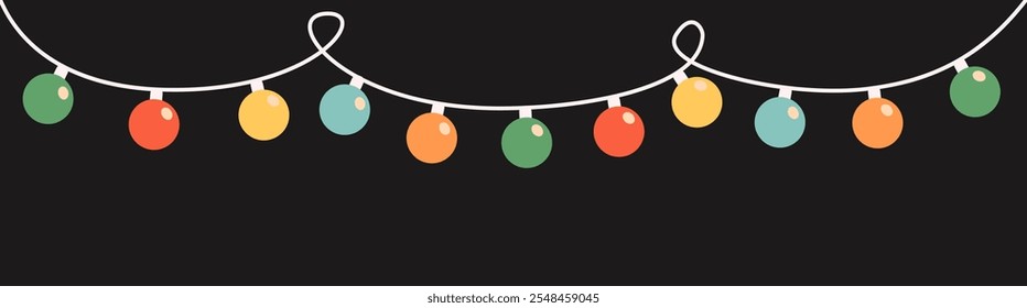 Luzes de Natal definir faixa de linha. Luz colorida das fadas. Garland de lâmpada brilhante. Forma redonda. Decoração de Natal de feriado de desenhos animados. Cor do arco-íris. Design plano. Fundo preto. Isolado. Vetor