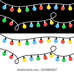 Christmas lights set line. Glowing lightbulb garland. Colorful string fairy light. Cartoon holiday festive xmas decoration. Round shape. Rainbow color. Flat design. White black background. Vector