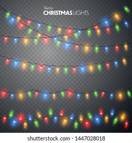 Christmas lights set. Vector New Year decorate garland with glowing light bulbs.