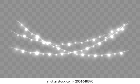Christmas lights set. Vector New Year decorates garland with glowing light bulbs.