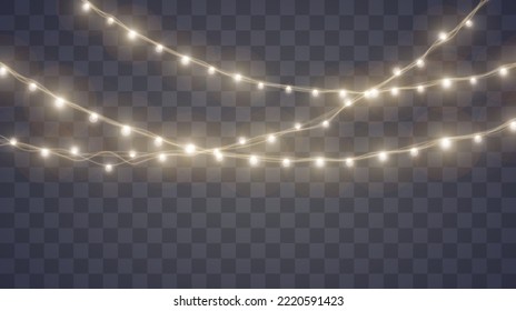 Christmas lights set. Vector New Year decorate garland with glowing light bulbs.