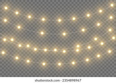 Christmas lights set. Vector New Year decorates garland with glowing light bulbs