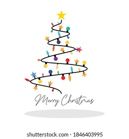 Christmas lights in shape of christmas tree. Merry Christmas lettering. Vector Illustration EPS 10.