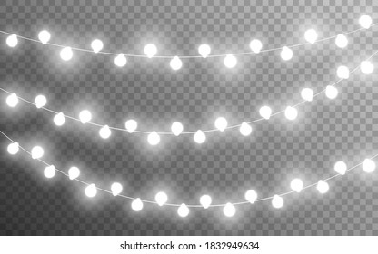 Christmas lights silver on transparent backdrop. Realistic glowing garlands. White Xmas decoration. Luminous bulbs for poster, greeting card or website. Vector illustration.