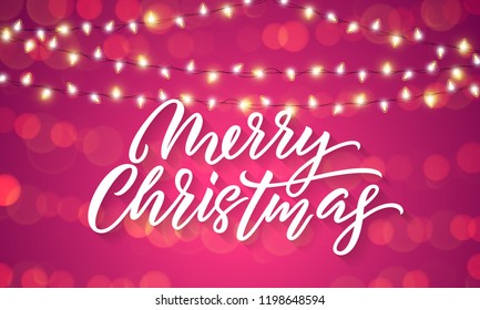 Christmas lights and sparkling light flares on Xmas holiday background. Vector Merry Christmas lettering with holiday glittery sparkles