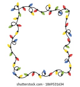 Christmas lights. Square frame made of a garland with light bulbs. Christmas greeting cards design element in vector.