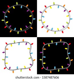 Christmas lights square and round frame set. Colorful string fairy light set. Holiday festive xmas decoration. Lightbulb glowing garland. Rainbow color. Flat design. White black background. Vector